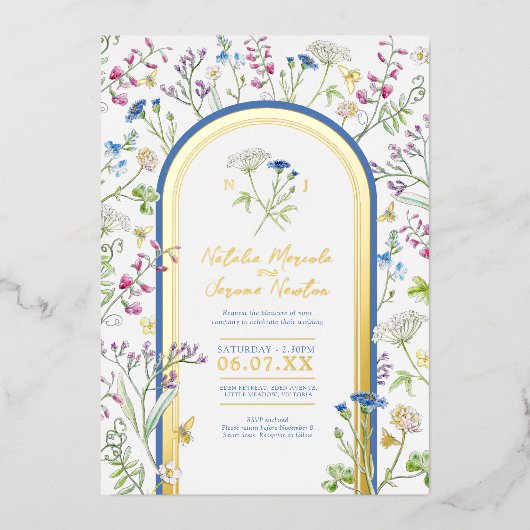 ワイルドフラワーカラフルフローラの水色結婚ブルー 箔招待状 (正面)