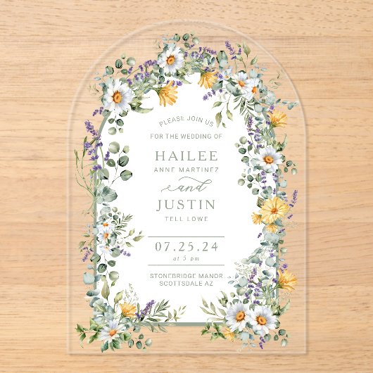 ワイルドフラワーカラフルフローラアーチ型春の結婚式 アクリル招待状 (正面)