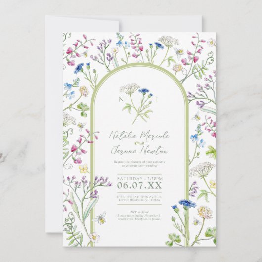 ワイルドフラワーカラフルフローラウォーターカラー結婚アート 招待状 (正面)