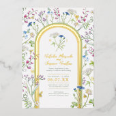 ワイルドフラワーカラフルフローラウォーターカラー結婚アート 箔招待状 (正面)