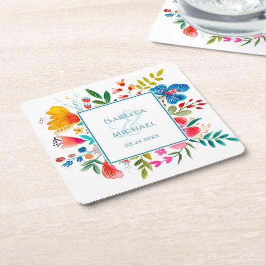 ワイルドフラワーカラフルフローラウォーター結婚カラー スクエアペーパーコースター (アングル)