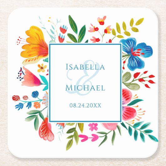 ワイルドフラワーカラフルフローラウォーター結婚カラー スクエアペーパーコースター (正面)