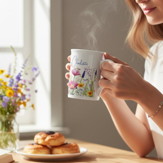 ワイルドフラワーカラフルフローラパーソナライズされた名 ボーンチャイナマグカップ