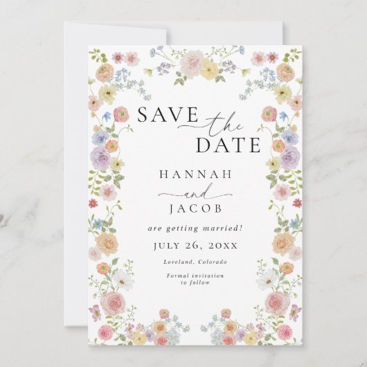 ワイルドフラワーカラフルフローラフォト結婚ズ セーブザデート (正面)