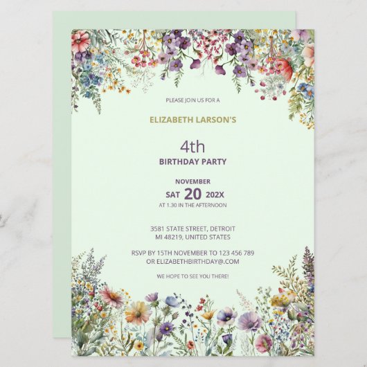 ワイルドフラワーカラフルフローラ水彩誕生日 招待状 (正面/裏面)