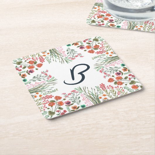 ワイルドフラワーカラフルブライダルシャワーモノグラム スクエアペーパーコースター (アングル)