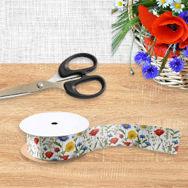 ワイルドフラワーカラフルブライトかわいらしフローラパターン（の模様が）ある サテンリボン