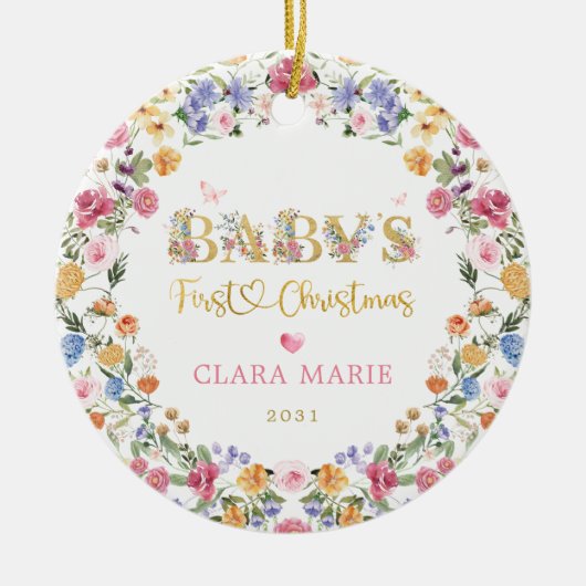 ワイルドフラワーカラフルベビーの最初のクリスマス セラミックオーナメント (正面)