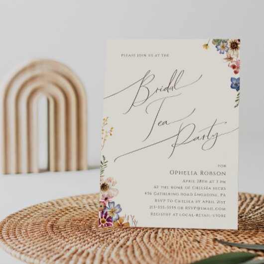ワイルドフラワーカラフルベージュガーデンブライダルティーパーティー 招待状