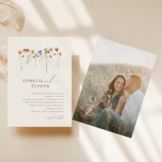 ワイルドフラワーカラフルベージュモノグラム写真結婚の数 招待状