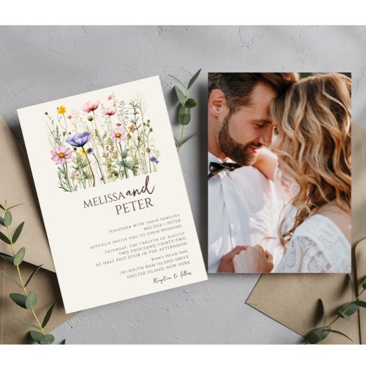 ワイルドフラワーカラフルベージュモノグラム写真結婚の数 招待状