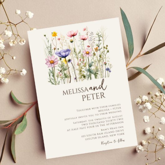 ワイルドフラワーカラフルベージュモノグラム写真結婚の数 招待状