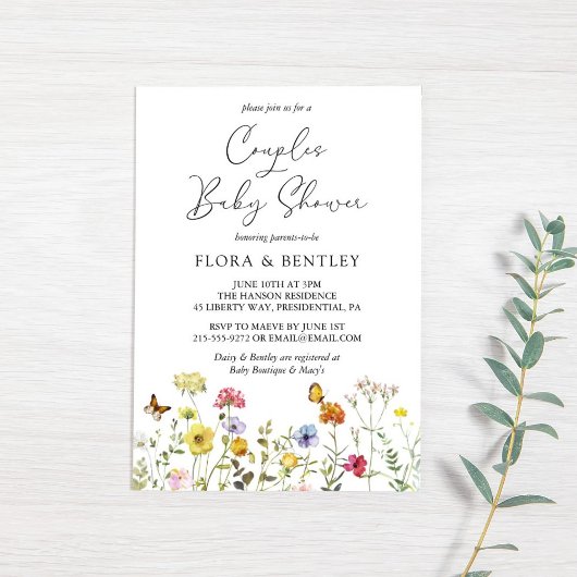 ワイルドフラワーカラフルボタニカルカップル赤ちゃんシャワー 招待状