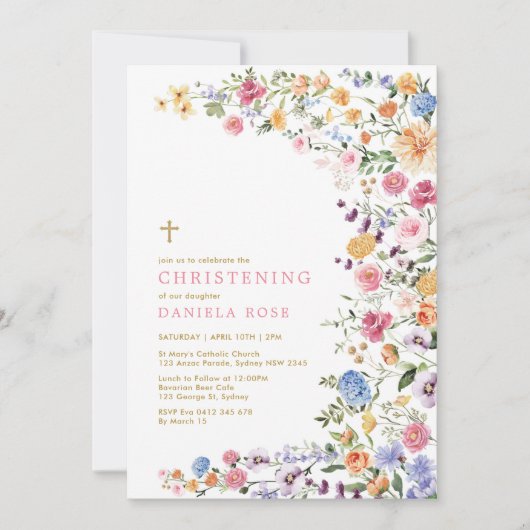 ワイルドフラワーカラフルメドーガール《キリスト教》洗礼式や命名式 招待状 (正面)