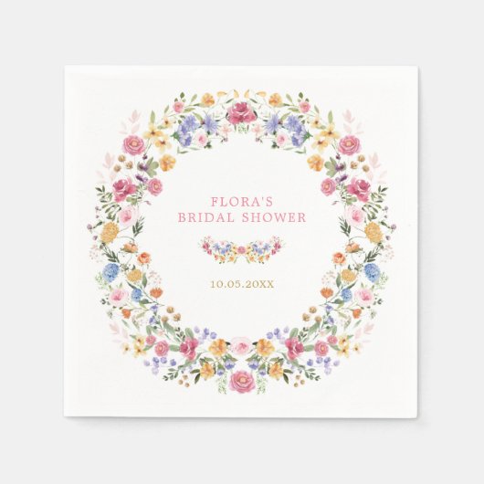 ワイルドフラワーカラフルリースブライダルシャワー スタンダードカクテルナプキン (正面)