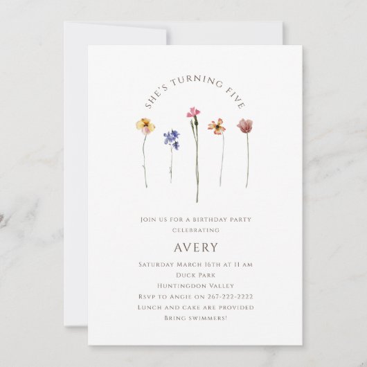 ワイルドフラワーカラフル五の誕生日パーティー 招待状 (正面)