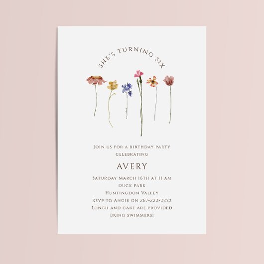 ワイルドフラワーカラフル六歳の誕生日パーティー 招待状