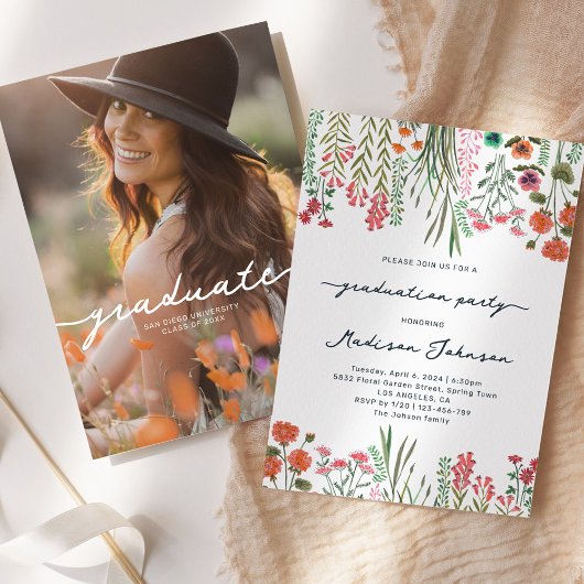 ワイルドフラワーカラフル卒業パーティー招待状 招待状