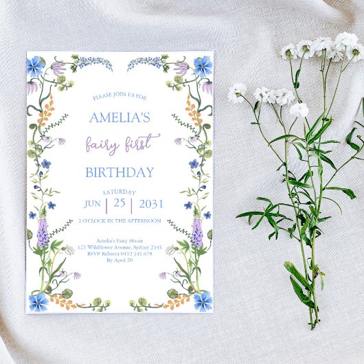 ワイルドフラワーカラフル妖精の最初の誕生日パーティー 招待状