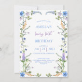 ワイルドフラワーカラフル妖精の最初の誕生日パーティー 招待状 (正面)