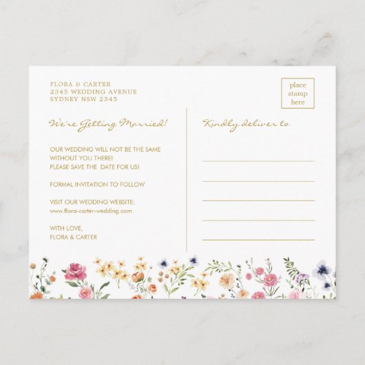 ワイルドフラワーカラフル庭園の結婚式日付の保存 案内ポストカード (裏面)
