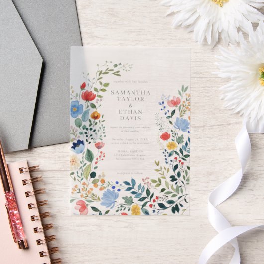 ワイルドフラワーカラフル庭園の結婚式 ベラム紙招待状 (ウェディング)