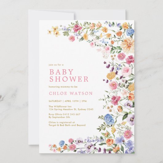ワイルドフラワーカラフル春ガーデンガールベビーシャワー 招待状 (正面)