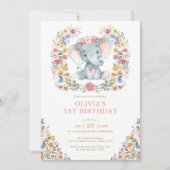 ワイルドフラワーカラフル象ガールバースデーパーティー 招待状 (正面)