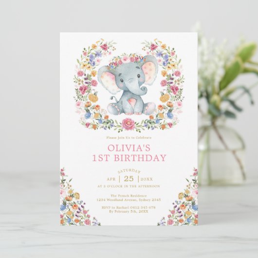 ワイルドフラワーカラフル象ガールバースデーパーティー 招待状 (スタンド正面)