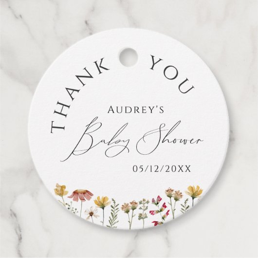 ワイルドフラワーカラフル赤ちゃんシャワーありがとうラウンド フェイバータグ (正面)