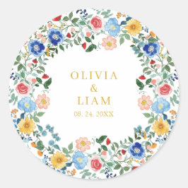 ワイルドフラワーカラフル金ゴールド庭園の結婚式 ラウンドシール