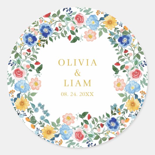 ワイルドフラワーカラフル金ゴールド庭園の結婚式 ラウンドシール (正面)