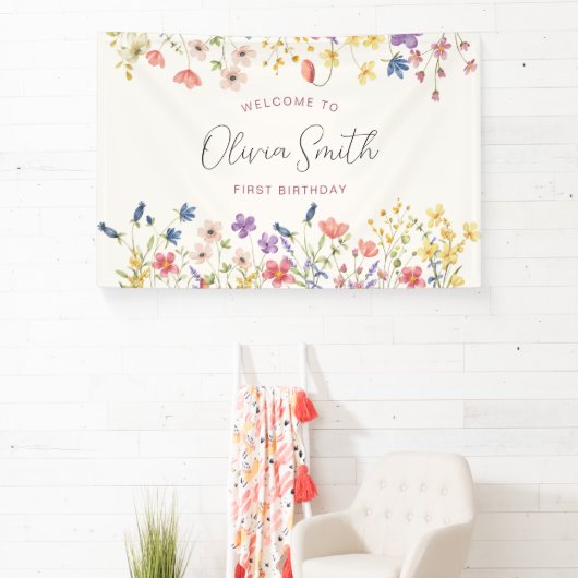 ワイルドフラワーカラフル1回目の誕生日パーティー 横断幕 (インサイチュ)