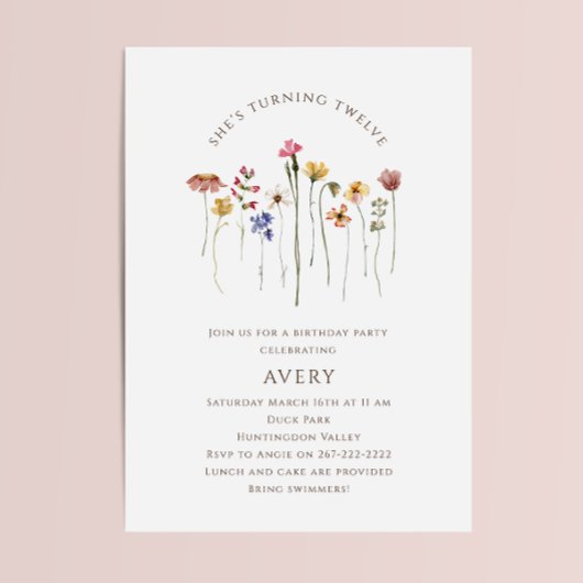 ワイルドフラワーカラフル12歳の誕生日パーティー 招待状