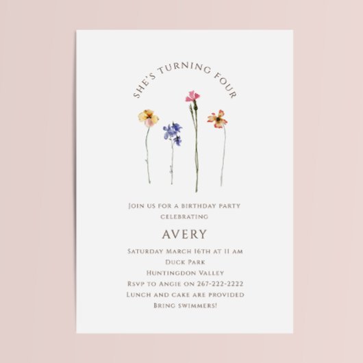 ワイルドフラワーカラフル4歳の誕生日パーティー 招待状