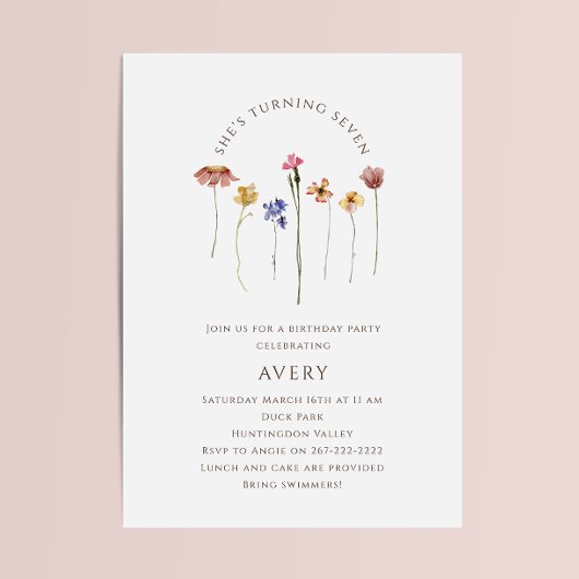 ワイルドフラワーカラフル7回目の誕生日パーティー 招待状