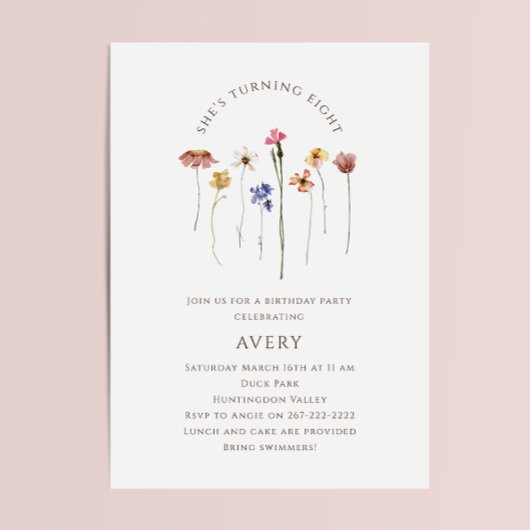ワイルドフラワーカラフル8歳の誕生日パーティー 招待状