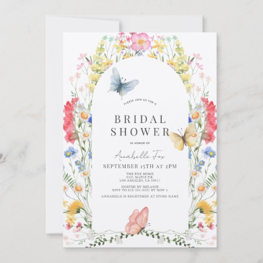 ワイルドフラワーカラフル&バタフライアーチブライダルシャワー 招待状 (正面)