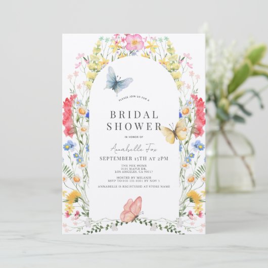 ワイルドフラワーカラフル&バタフライアーチブライダルシャワー 招待状 (スタンド正面)