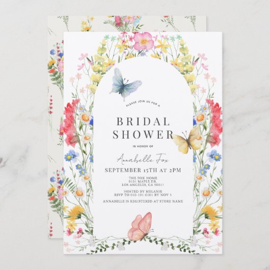 ワイルドフラワーカラフル&バタフライアーチブライダルシャワー 招待状 (正面/裏面)