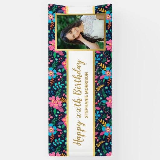 ワイルドフラワーカラフル、任意の年齢、あなたの写真誕生日 横断幕 (縦)