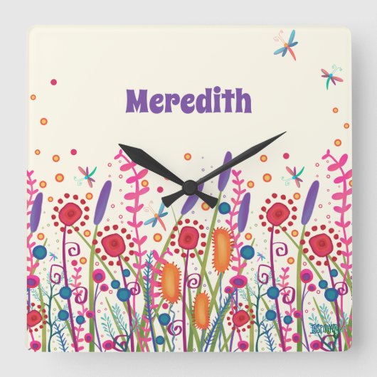 ワイルドフラワーカワイイトレンディーパーソナライズされたインスピレーション スクエア壁時計 (正面)