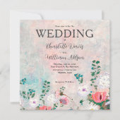 ワイルドフラワーガーデンウォーターカラー赤面ピンク結婚ス 招待状 (正面)