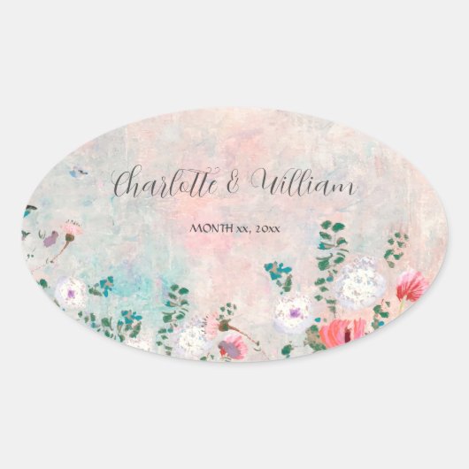 ワイルドフラワーガーデンウォーターカラー赤面ピンク結婚ス 楕円形シール (正面)