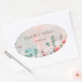 ワイルドフラワーガーデンウォーターカラー赤面ピンク結婚ス 楕円形シール (封筒)