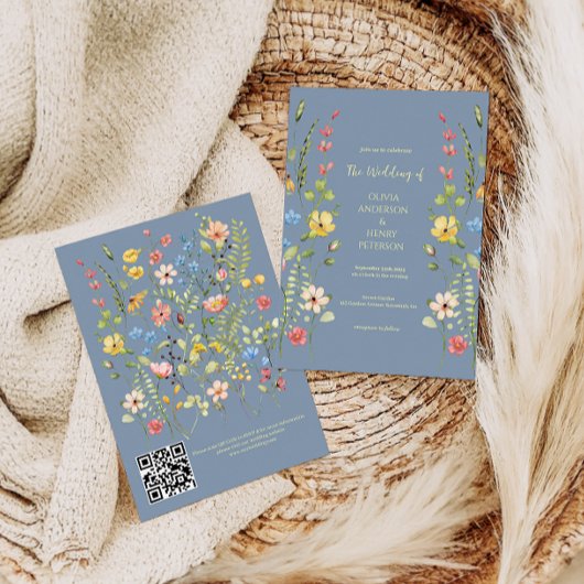ワイルドフラワーガーデンエレガントブルーQRコード結婚ズ 招待状