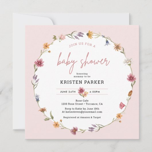 ワイルドフラワーガーデンガールベビーシャワー招待状 招待状 (正面)