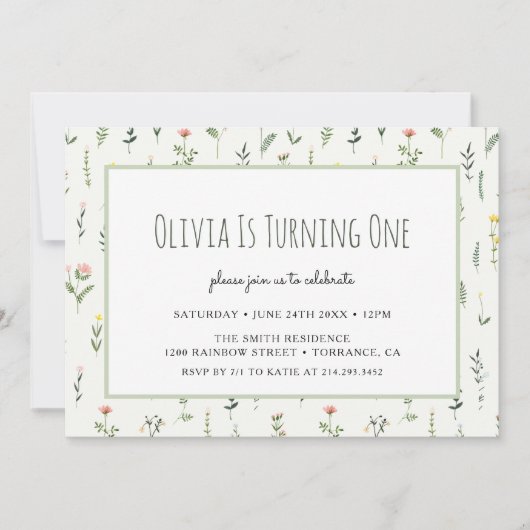 ワイルドフラワーガーデンガール1st誕生日招待状 招待状 (正面)