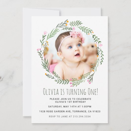 ワイルドフラワーガーデンガール1st誕生日 招待状 (正面)