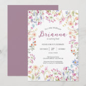 ワイルドフラワーガーデンテーマの女の子の水彩画の誕生日 招待状 (正面/裏面)